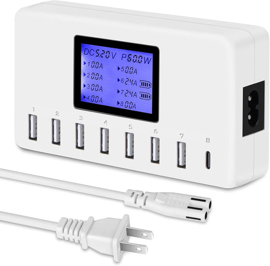 USB Charger, 60W 12A 8-Port USB Charging Station Multi Port USB Hub Charger Compact Size LCD Display Compatible with Iphone Ipad Samsung Kindle Tablet Bluetooth Earbuds and More.