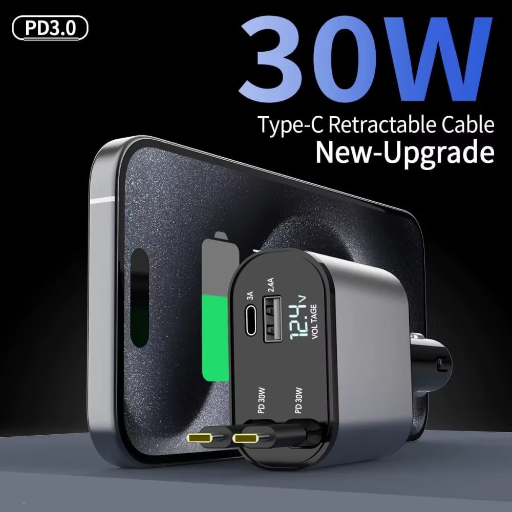VoltRush™ 4-in-1 Retractable Car Charger – Fast Power, Zero Clutter.