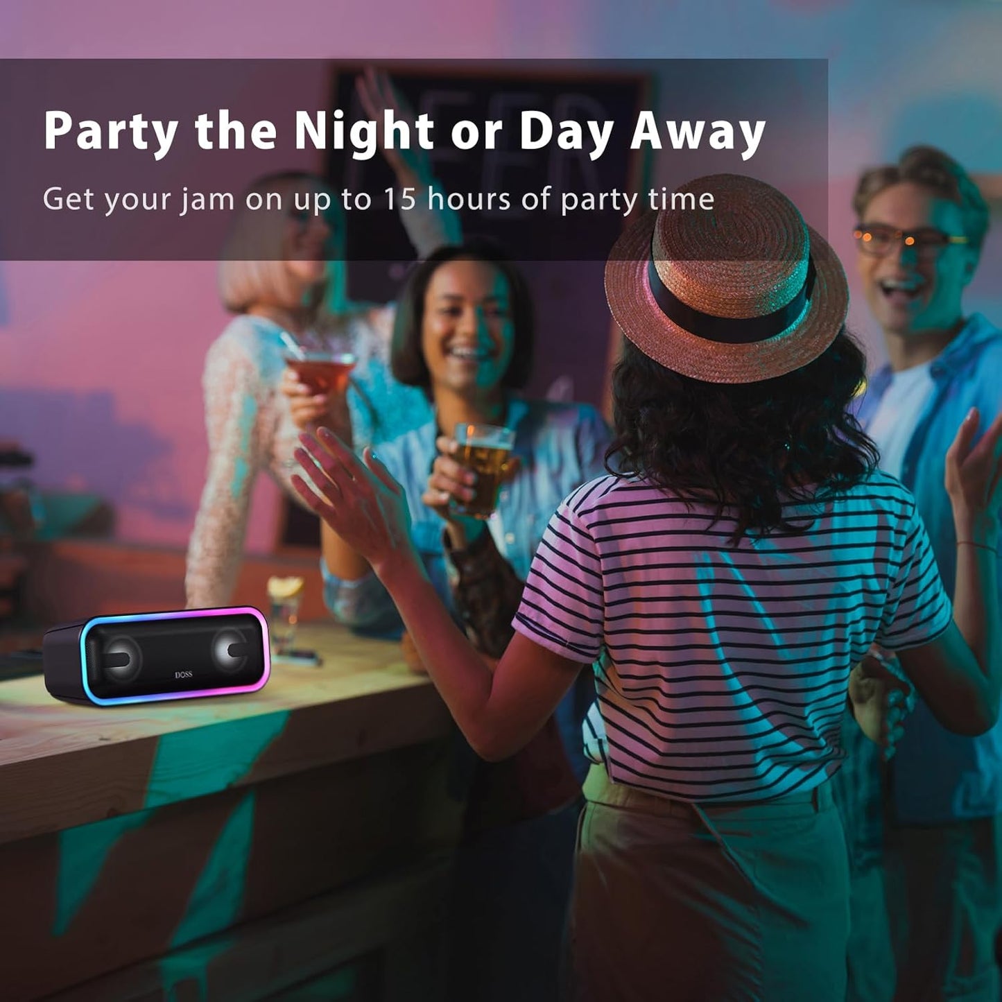 Bluetooth Speaker,  Soundbox Pro+ Wireless Pairing Speaker with 24W Stereo Sound, Punchy Bass, IPX6 Waterproof, 15Hrs Playtime, Multi-Colors Lights, for Home,Outdoor-Black.