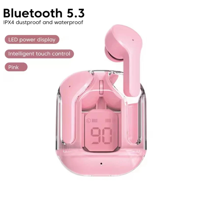 CrystalBeats BT30: Transparent TWS Bluetooth 5.3 Earbuds with Digital Display & Noise Canceling.