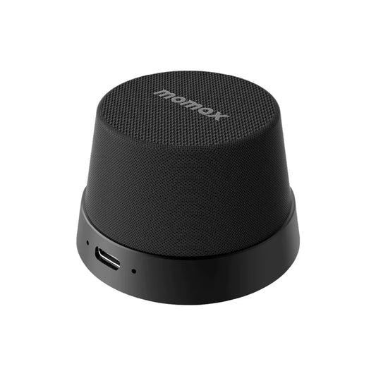 MOMAX 1-Vibe Go: Magnetic Wireless Speaker & Phone Stand with IPX6 Waterproof Protection.