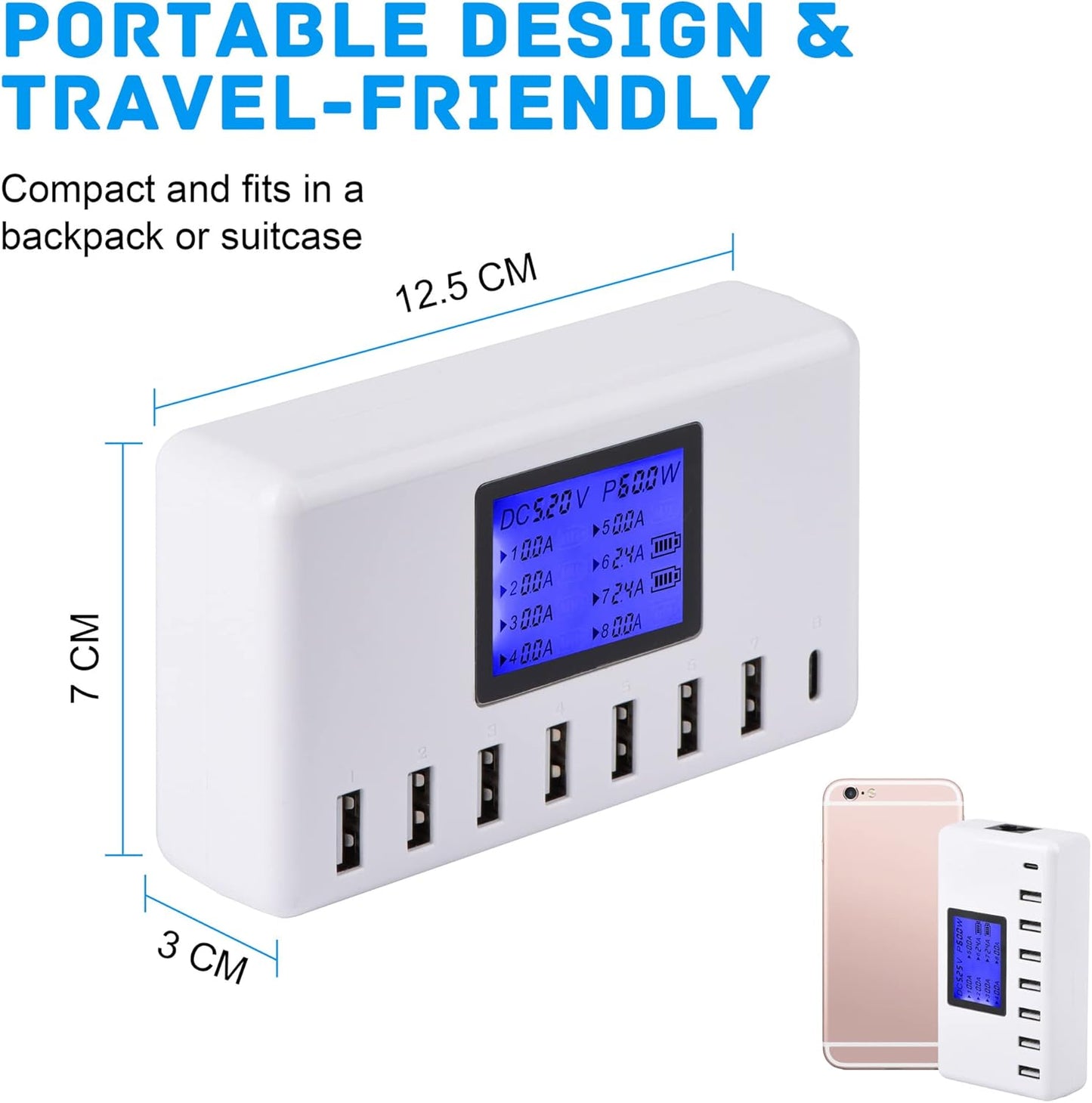USB Charger,  60W 12A 8-Port USB Charging Station Multi Port USB Hub Charger Compact Size LCD Display Compatible with Iphone Ipad Samsung Kindle Tablet Bluetooth Earbuds and More.