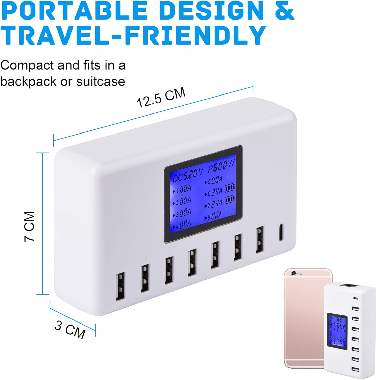 USB Charger,  60W 12A 8-Port USB Charging Station Multi Port USB Hub Charger Compact Size LCD Display Compatible with Iphone Ipad Samsung Kindle Tablet Bluetooth Earbuds and More.