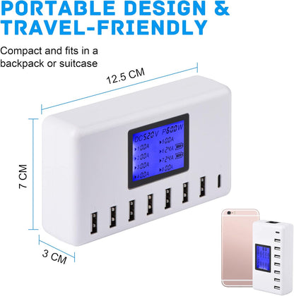 USB Charger,  60W 12A 8-Port USB Charging Station Multi Port USB Hub Charger Compact Size LCD Display Compatible with Iphone Ipad Samsung Kindle Tablet Bluetooth Earbuds and More.