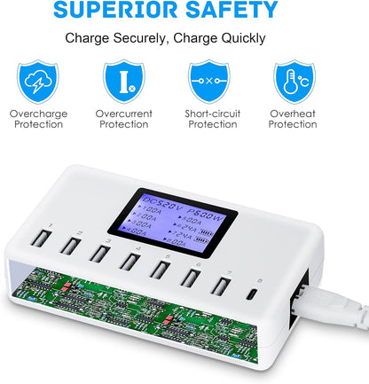 USB Charger,  60W 12A 8-Port USB Charging Station Multi Port USB Hub Charger Compact Size LCD Display Compatible with Iphone Ipad Samsung Kindle Tablet Bluetooth Earbuds and More.