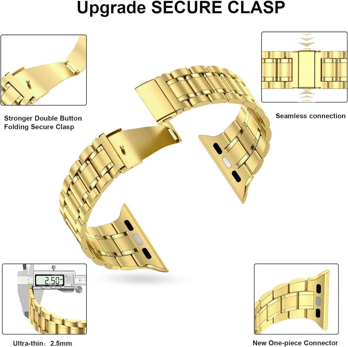 Solid Stainless Steel Band Compatible with Apple Watch 44Mm(Series 6/5/4/SE), 42Mm (Series 3/2/1), Metal Strap with Soft TPU Case for Iwatch Bands for Women and Men, Gold