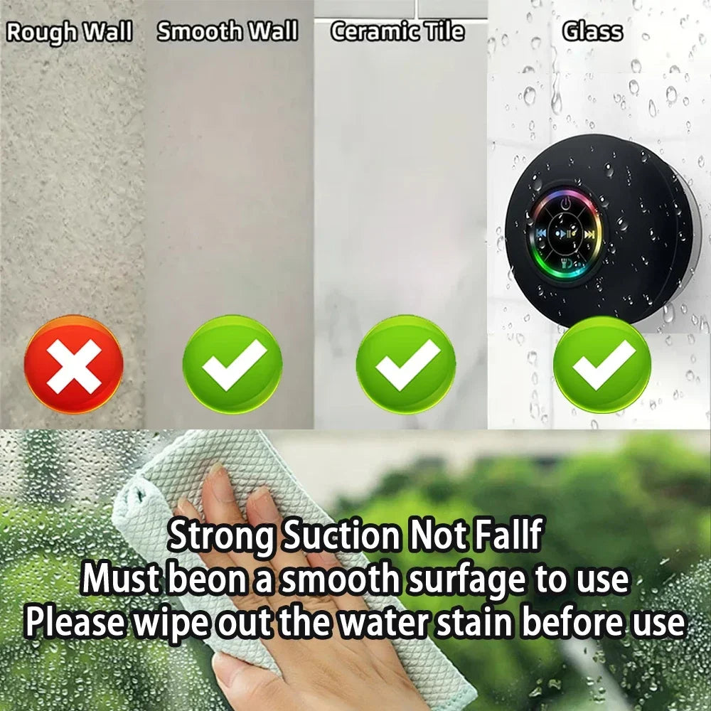 AquaBeat Mini: Waterproof LED Bluetooth Speaker with Powerful Sound & Suction Cup Mount.