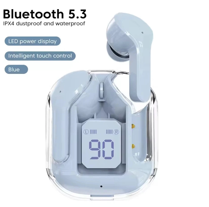 CrystalBeats BT30: Transparent TWS Bluetooth 5.3 Earbuds with Digital Display & Noise Canceling.