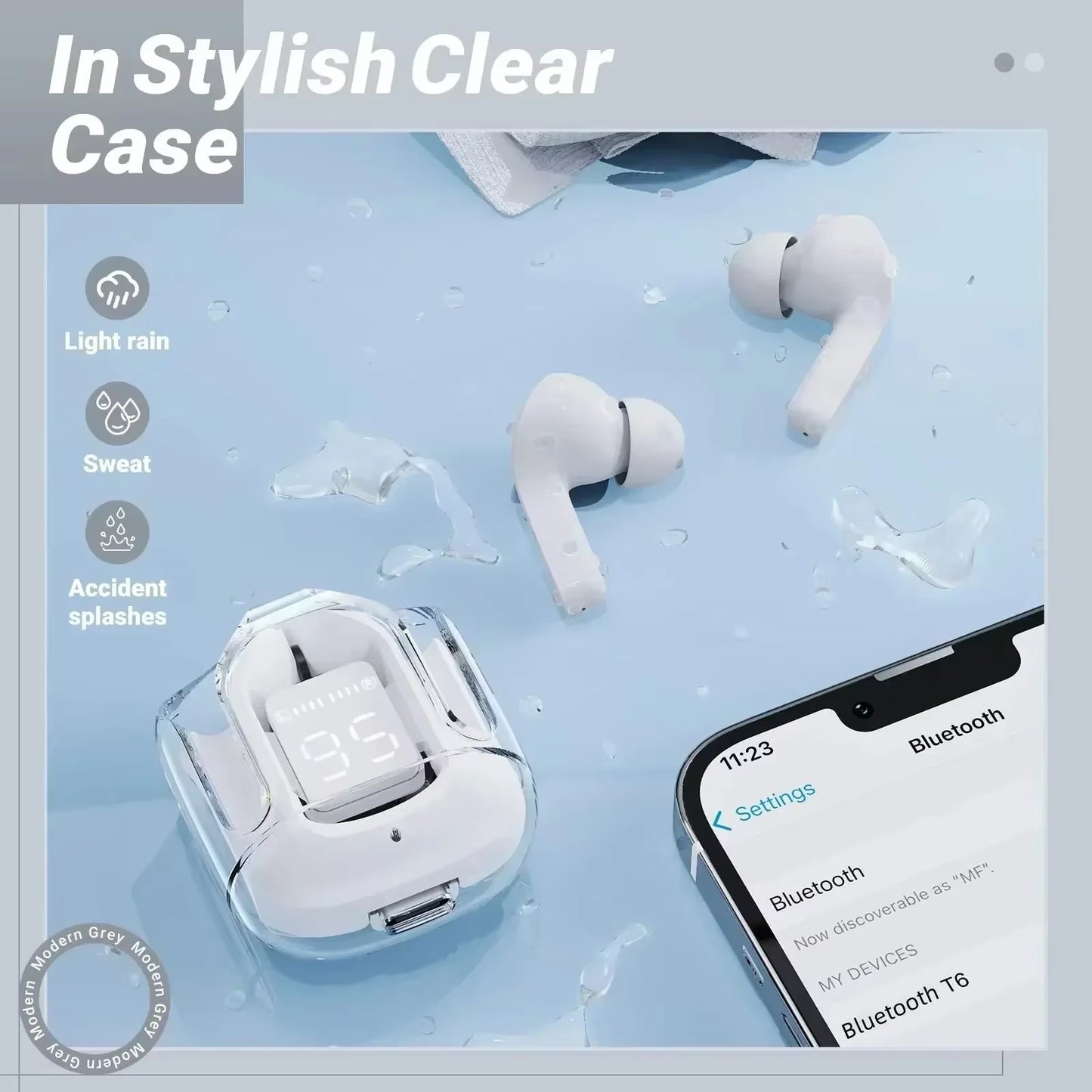 CrystalBeats BT30: Transparent TWS Bluetooth 5.3 Earbuds with Digital Display & Noise Canceling.