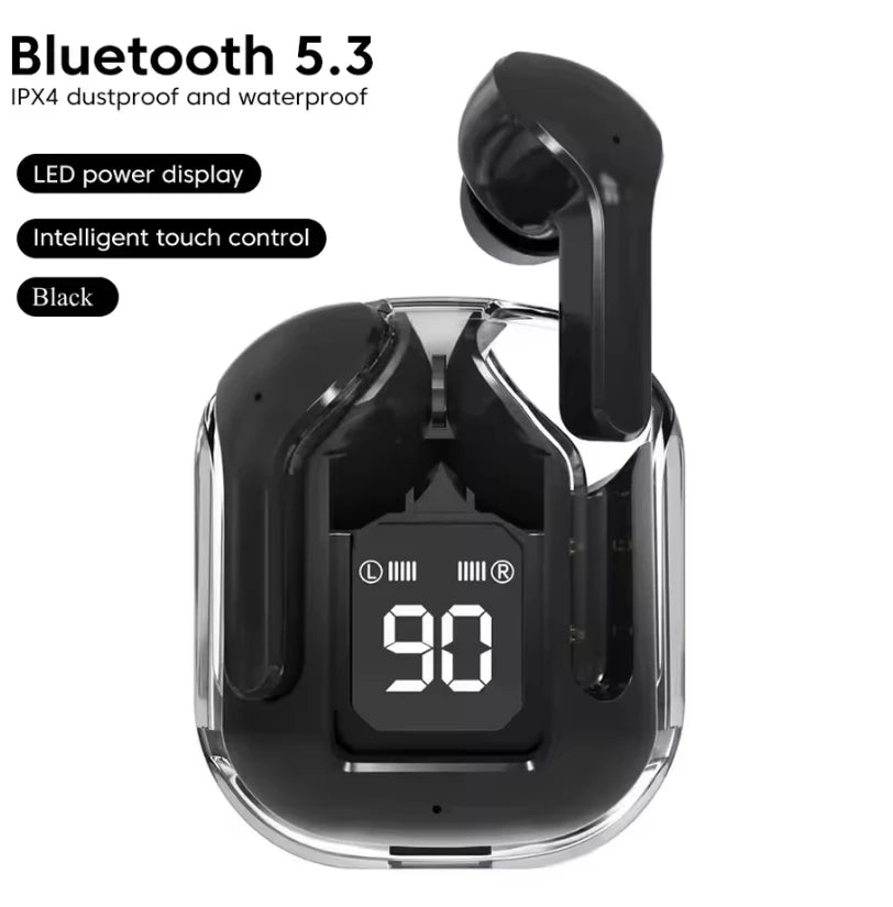 CrystalBeats BT30: Transparent TWS Bluetooth 5.3 Earbuds with Digital Display & Noise Canceling.