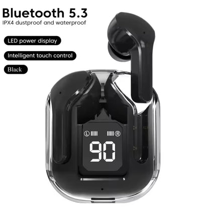 CrystalBeats BT30: Transparent TWS Bluetooth 5.3 Earbuds with Digital Display & Noise Canceling.