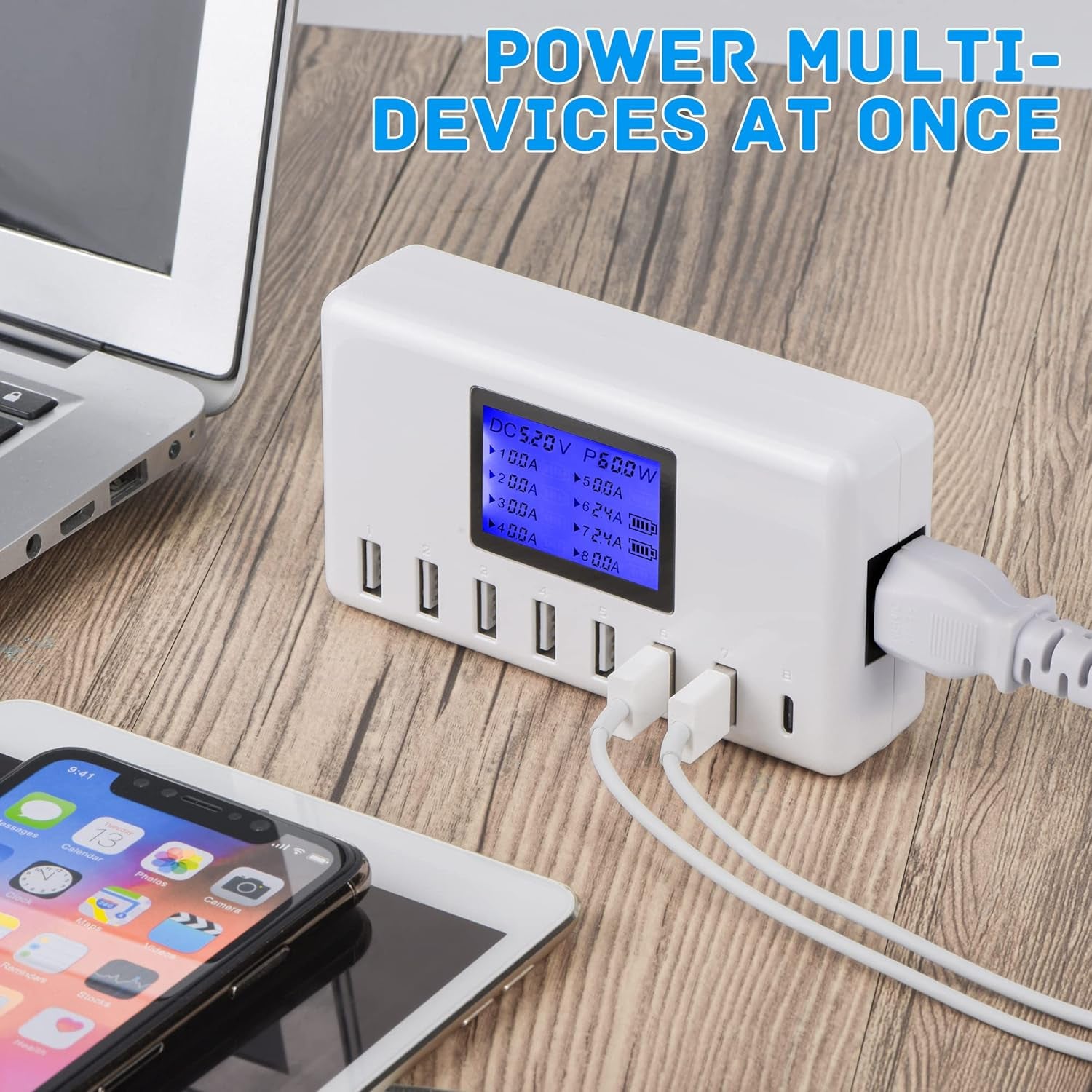 USB Charger,  60W 12A 8-Port USB Charging Station Multi Port USB Hub Charger Compact Size LCD Display Compatible with Iphone Ipad Samsung Kindle Tablet Bluetooth Earbuds and More.