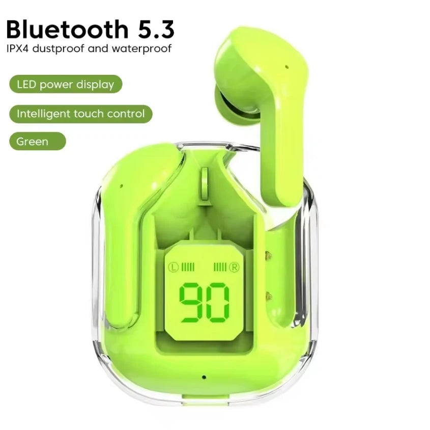CrystalBeats BT30: Transparent TWS Bluetooth 5.3 Earbuds with Digital Display & Noise Canceling.
