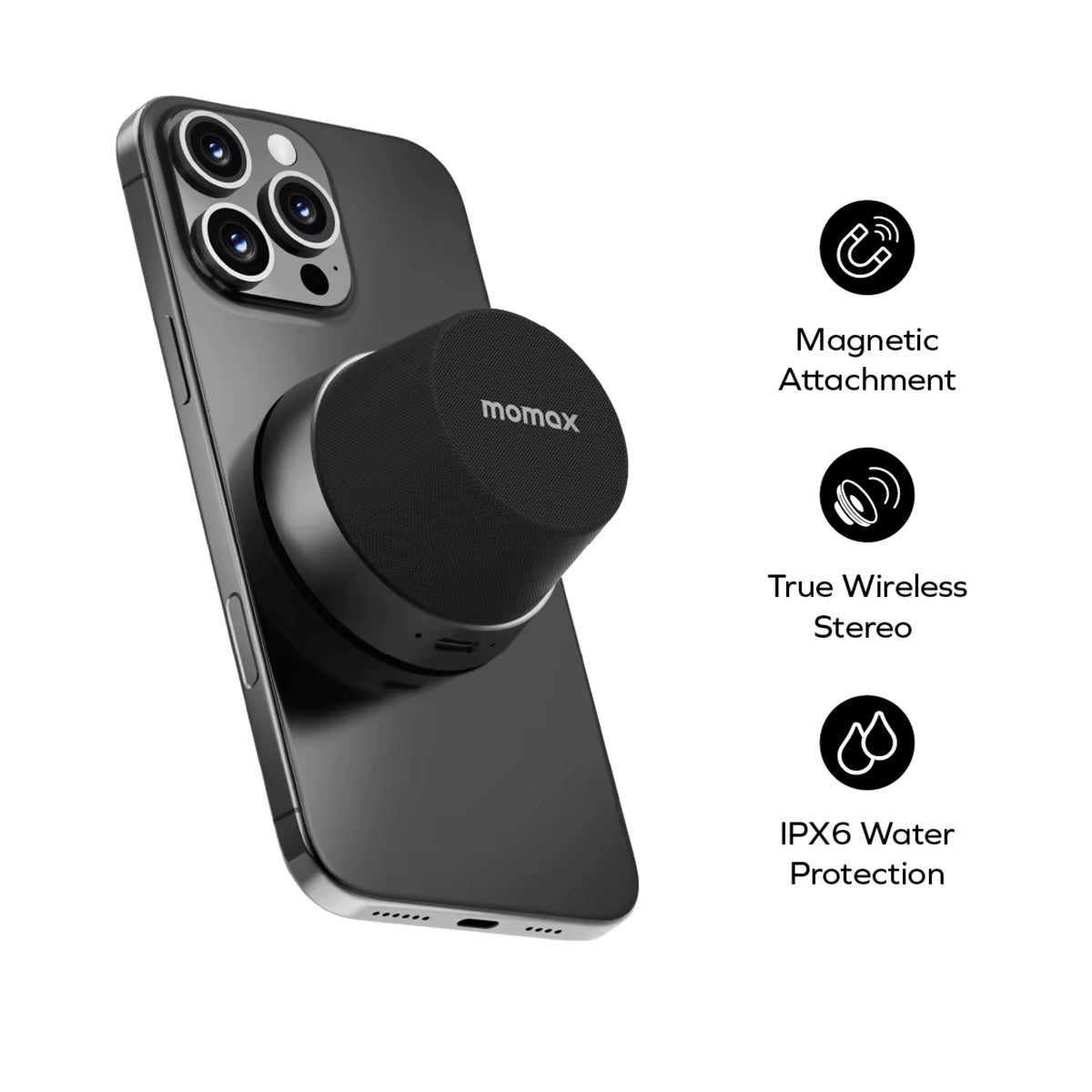 MOMAX 1-Vibe Go: Magnetic Wireless Speaker & Phone Stand with IPX6 Waterproof Protection.