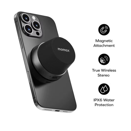 MOMAX 1-Vibe Go: Magnetic Wireless Speaker & Phone Stand with IPX6 Waterproof Protection.