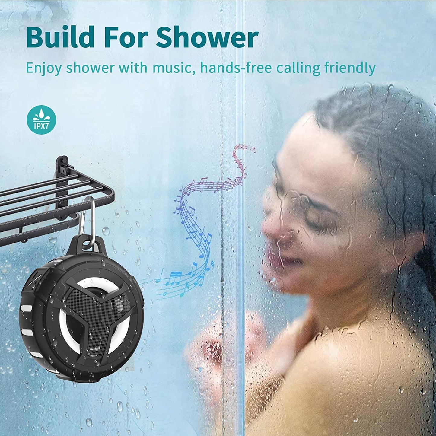 Bluetooth Shower Speaker, Waterproof Portable Bluetooth Speakers, IP67 Waterproof Wireless Speaker with LED Light, Floating, 2000Mah, True Wireless Stereo for Kayak, Beach,Gifts for Men -Black.