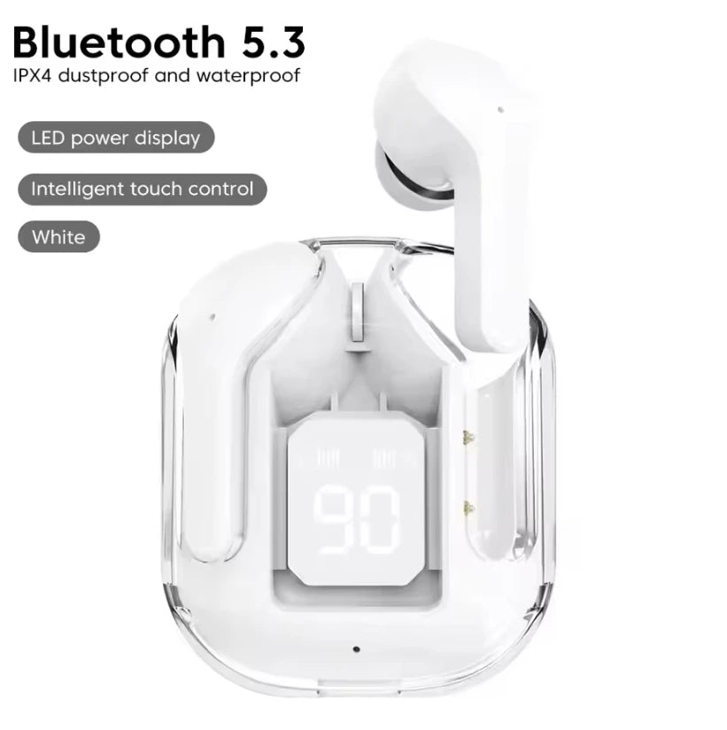 CrystalBeats BT30: Transparent TWS Bluetooth 5.3 Earbuds with Digital Display & Noise Canceling.