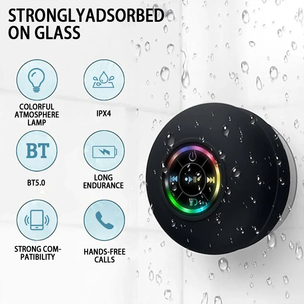 AquaBeat Mini: Waterproof LED Bluetooth Speaker with Powerful Sound & Suction Cup Mount.