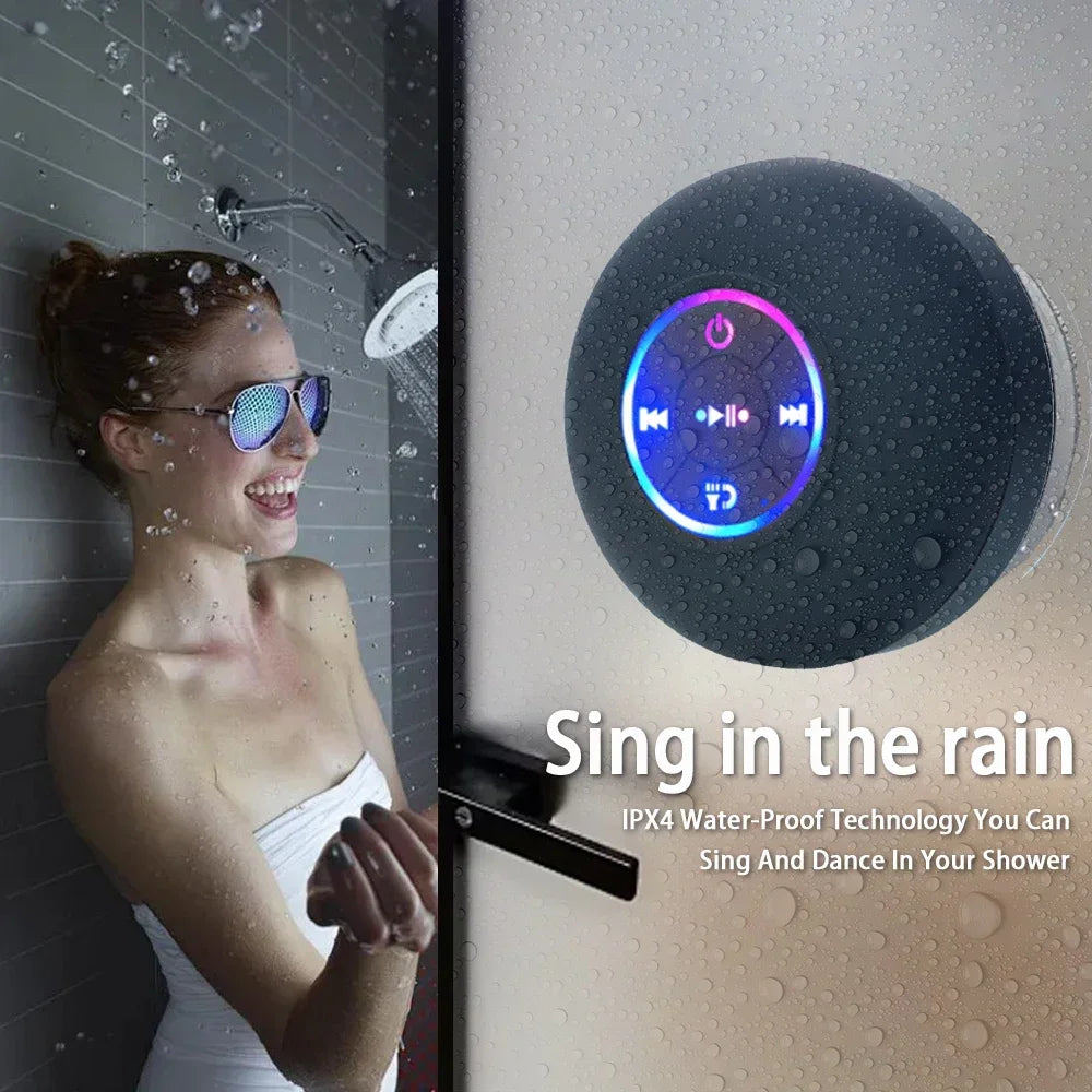 AquaBeat Mini: Waterproof LED Bluetooth Speaker with Powerful Sound & Suction Cup Mount.