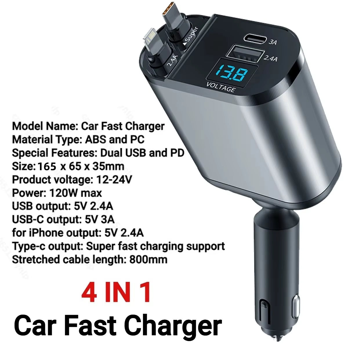 VoltRush™ 4-in-1 Retractable Car Charger – Fast Power, Zero Clutter.