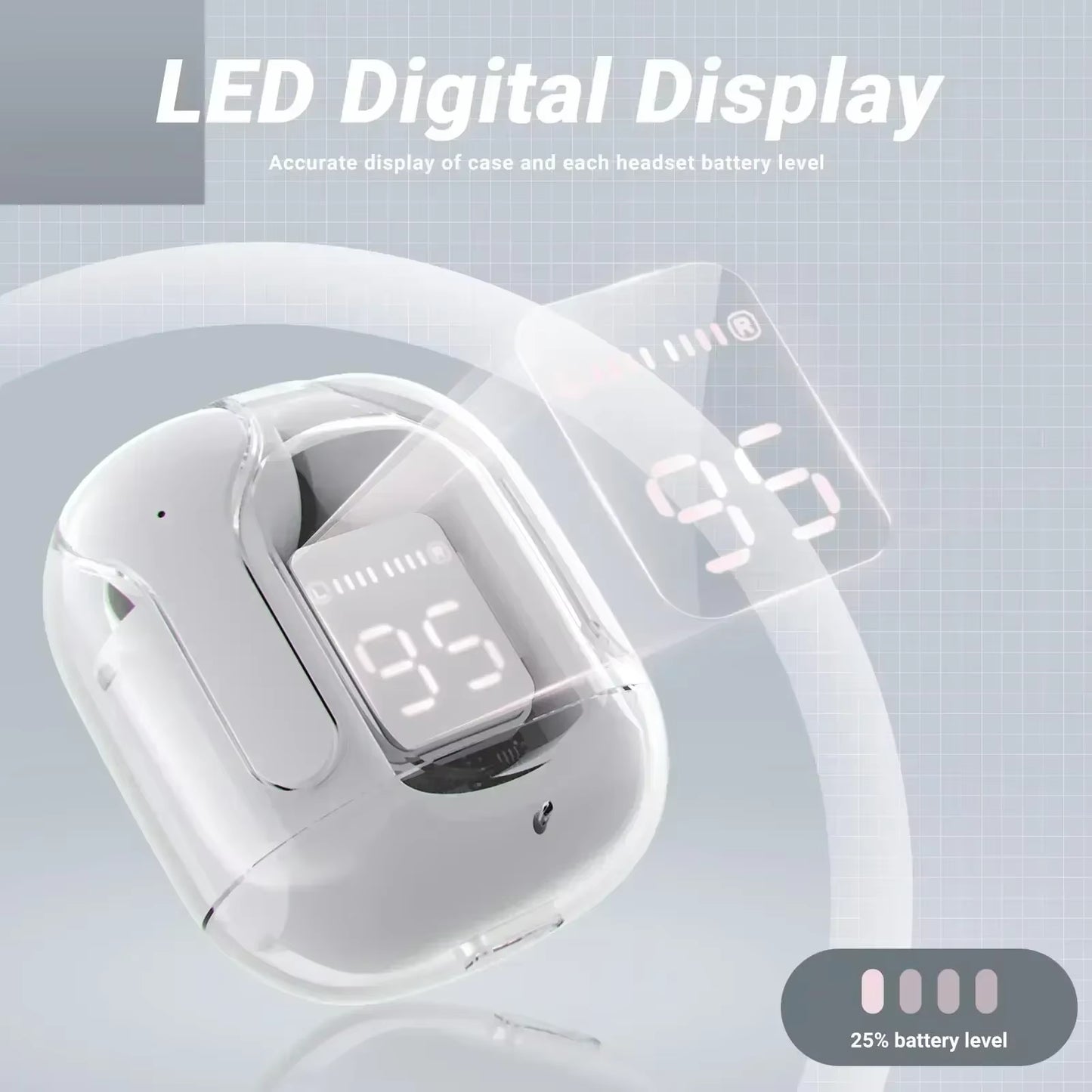 CrystalBeats BT30: Transparent TWS Bluetooth 5.3 Earbuds with Digital Display & Noise Canceling.