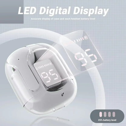 CrystalBeats BT30: Transparent TWS Bluetooth 5.3 Earbuds with Digital Display & Noise Canceling.