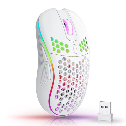 2.4G Wireless Mouse with RGB Backlit 6-Button 3-Speed DPI Type C Rechargeable Ergonomic Honeycomb Design Gaming Mouse.