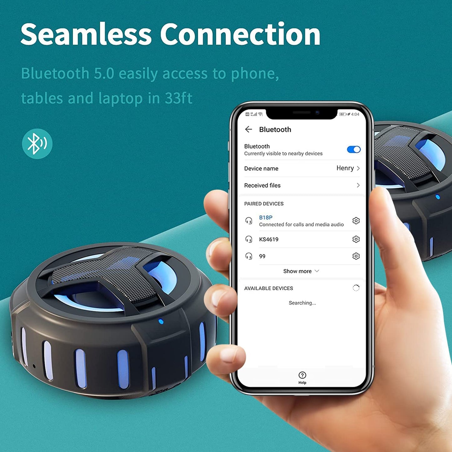 Bluetooth Shower Speaker, Waterproof Portable Bluetooth Speakers, IP67 Waterproof Wireless Speaker with LED Light, Floating, 2000Mah, True Wireless Stereo for Kayak, Beach,Gifts for Men -Black.