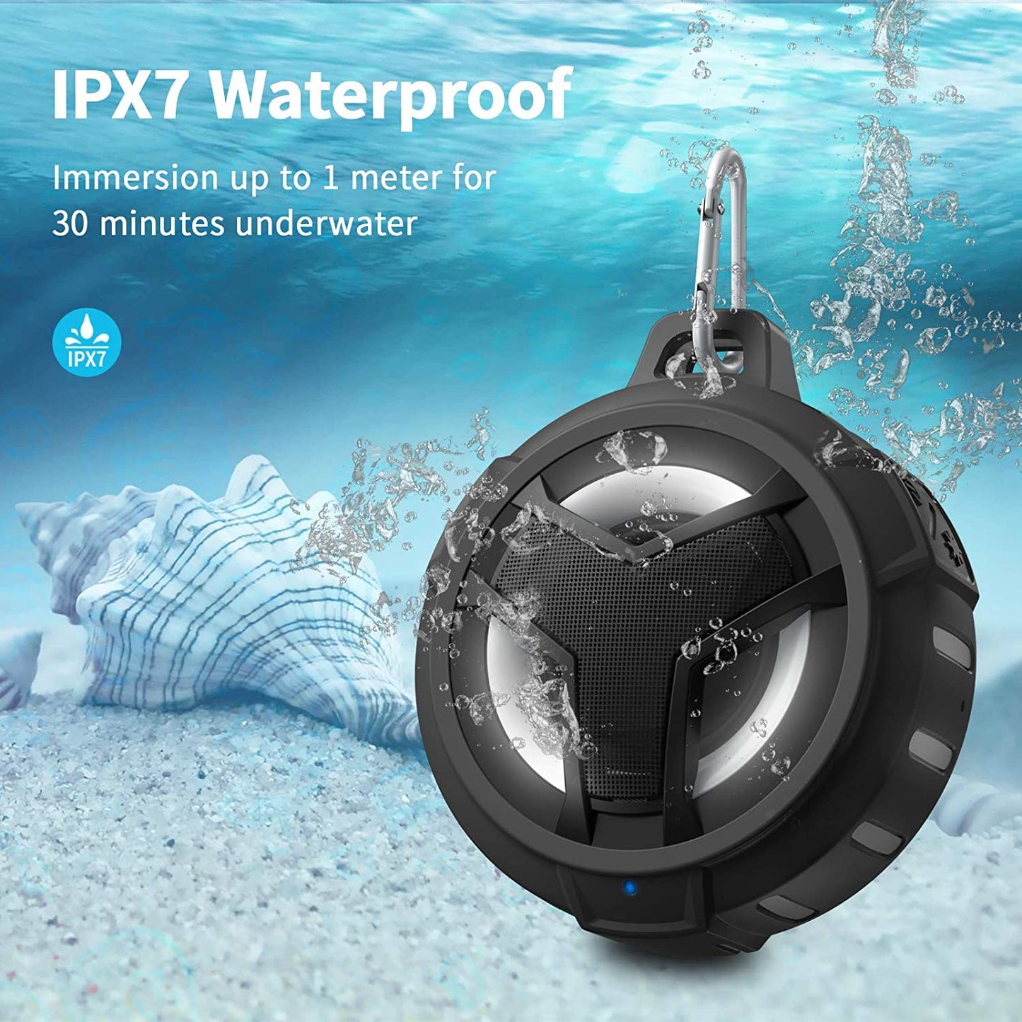 Bluetooth Shower Speaker, Waterproof Portable Bluetooth Speakers, IP67 Waterproof Wireless Speaker with LED Light, Floating, 2000Mah, True Wireless Stereo for Kayak, Beach,Gifts for Men -Black.