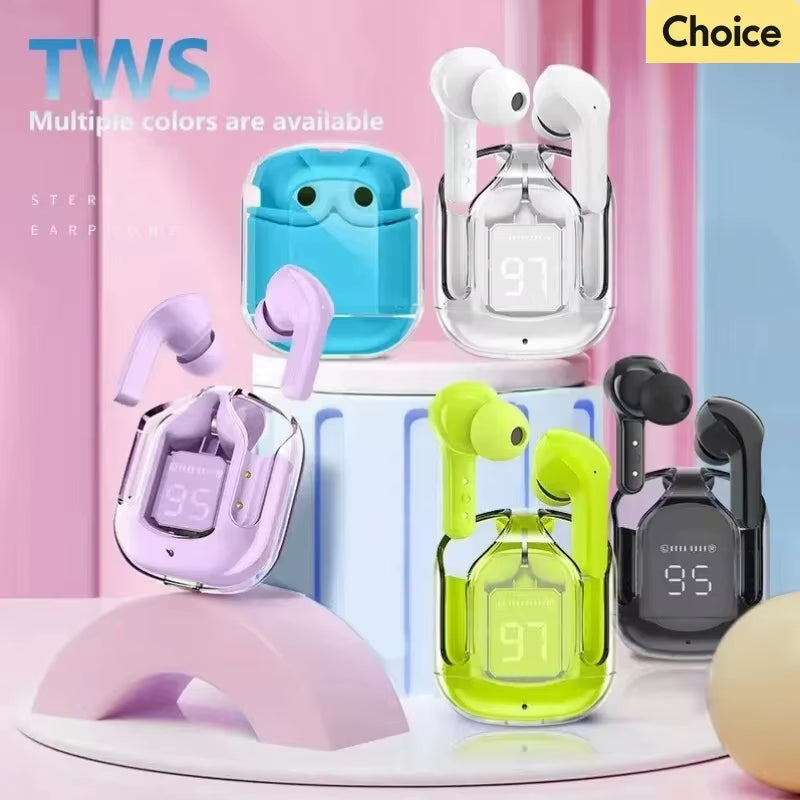 CrystalBeats BT30: Transparent TWS Bluetooth 5.3 Earbuds with Digital Display & Noise Canceling.