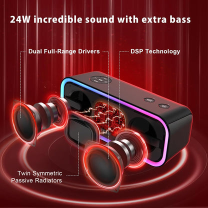 Bluetooth Speaker,  Soundbox Pro+ Wireless Pairing Speaker with 24W Stereo Sound, Punchy Bass, IPX6 Waterproof, 15Hrs Playtime, Multi-Colors Lights, for Home,Outdoor-Black.