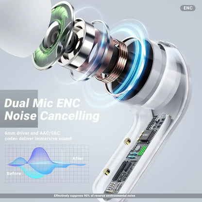 CrystalBeats BT30: Transparent TWS Bluetooth 5.3 Earbuds with Digital Display & Noise Canceling.