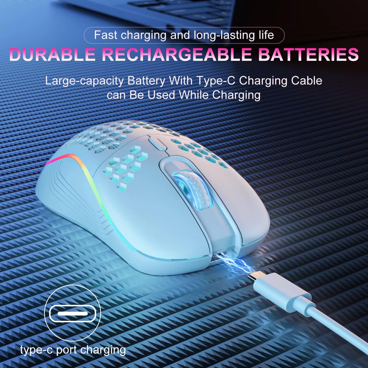 2.4G Wireless Mouse with RGB Backlit 6-Button 3-Speed DPI Type C Rechargeable Ergonomic Honeycomb Design Gaming Mouse.