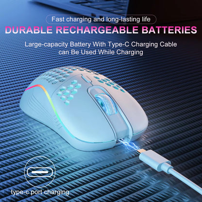 2.4G Wireless Mouse with RGB Backlit 6-Button 3-Speed DPI Type C Rechargeable Ergonomic Honeycomb Design Gaming Mouse.
