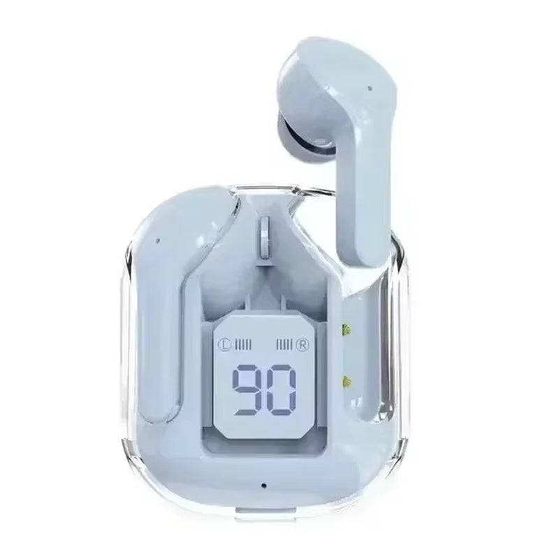 CrystalBeats BT30: Transparent TWS Bluetooth 5.3 Earbuds with Digital Display & Noise Canceling.