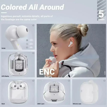 CrystalBeats BT30: Transparent TWS Bluetooth 5.3 Earbuds with Digital Display & Noise Canceling.