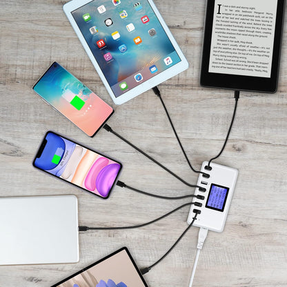 USB Charger,  60W 12A 8-Port USB Charging Station Multi Port USB Hub Charger Compact Size LCD Display Compatible with Iphone Ipad Samsung Kindle Tablet Bluetooth Earbuds and More.