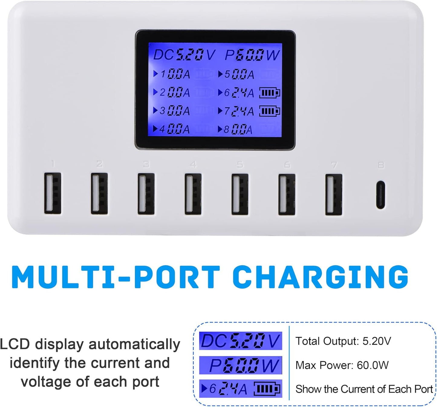 USB Charger,  60W 12A 8-Port USB Charging Station Multi Port USB Hub Charger Compact Size LCD Display Compatible with Iphone Ipad Samsung Kindle Tablet Bluetooth Earbuds and More.