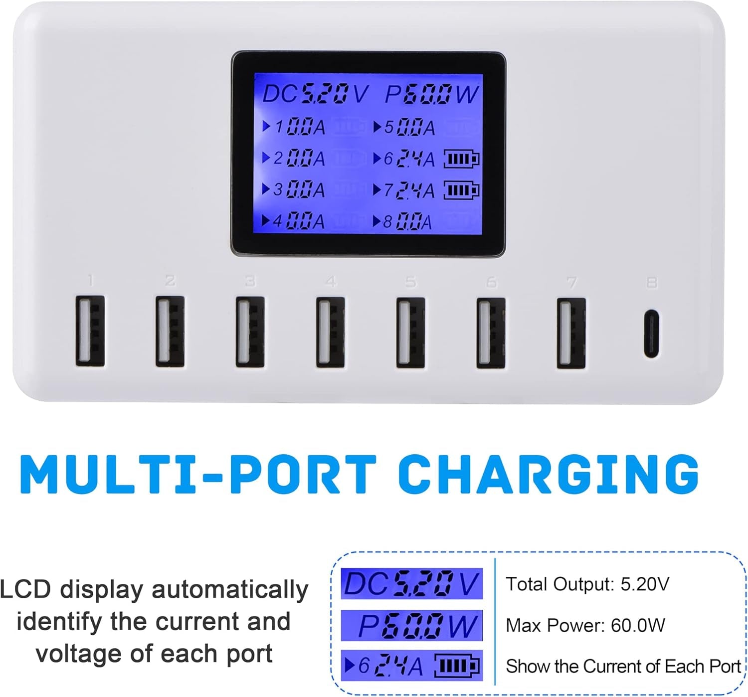 USB Charger,  60W 12A 8-Port USB Charging Station Multi Port USB Hub Charger Compact Size LCD Display Compatible with Iphone Ipad Samsung Kindle Tablet Bluetooth Earbuds and More.