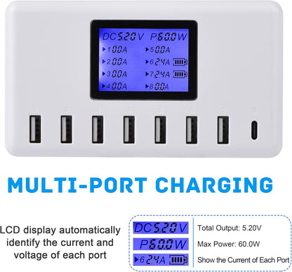 USB Charger,  60W 12A 8-Port USB Charging Station Multi Port USB Hub Charger Compact Size LCD Display Compatible with Iphone Ipad Samsung Kindle Tablet Bluetooth Earbuds and More.