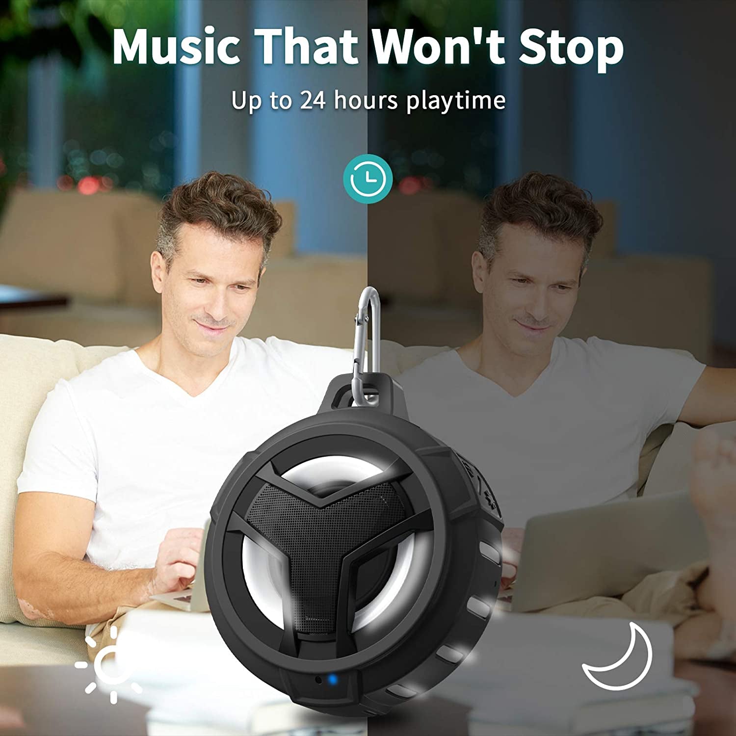 Bluetooth Shower Speaker, Waterproof Portable Bluetooth Speakers, IP67 Waterproof Wireless Speaker with LED Light, Floating, 2000Mah, True Wireless Stereo for Kayak, Beach,Gifts for Men -Black.